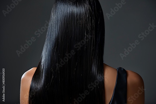 a woman's back with long, straight, and healthy-looking glossy black hair cascading down.