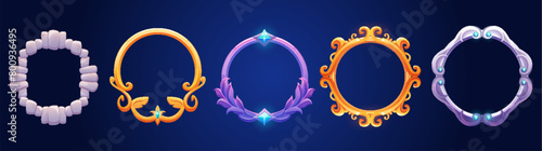 Medieval game frames set isolated on background. Vector cartoon illustration of round avatar decorations made of gold, silver metal ornamented with color crystal gem stones, winner trophy emblem