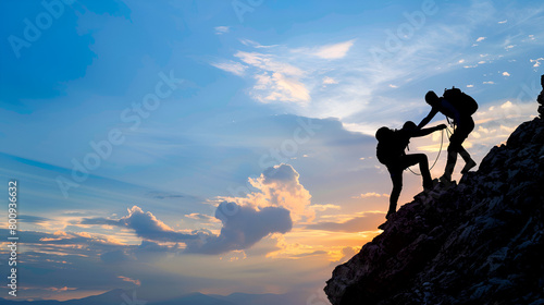 Help and assistance concept. Silhouettes of two people climbing on mountain and helping each other get to the top ai generative © Nazia