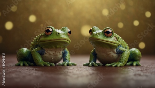 Two visually similar green frogs facing each other with a beautiful bokeh background enhancing their connection photo