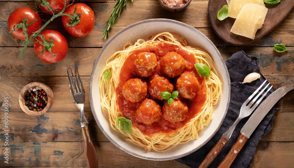 Spaghetti meatballs in tomato sauce on wooden table 
