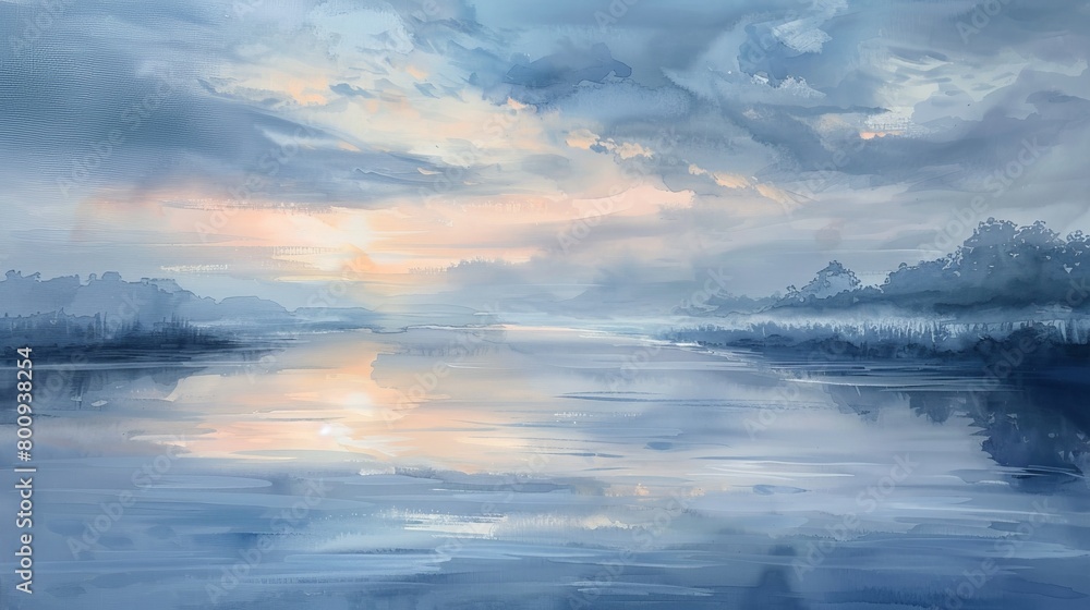 Peaceful watercolor scene of a quiet river flowing under a twilight sky, the smooth water reflecting the calming colors above Peaceful watercolor scene of a quiet river flowing under a twilight sky, the smooth water reflecting the calming colors above