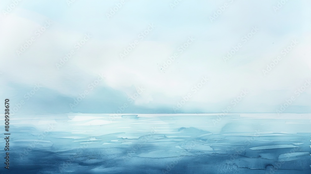 Obraz premium Serene watercolor of a distant horizon where the sky meets the calm sea, soothing shades of blue creating a tranquil scene