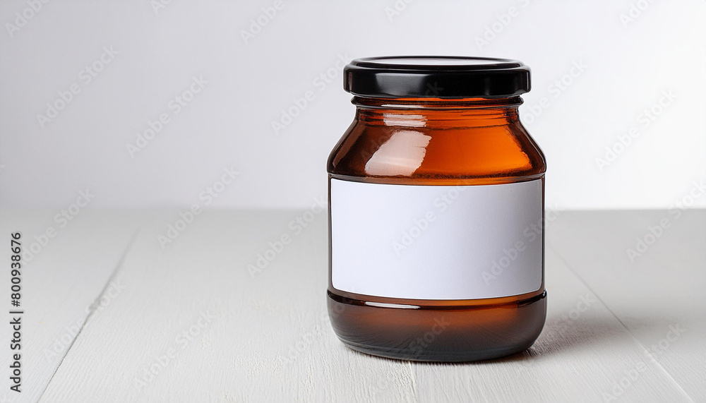 Amber Glass Jar with Blank Label on White Background for Packaging Design - Mockup Amber Glass Jar with Blank Label on White Background for Packaging Design - Mockup
