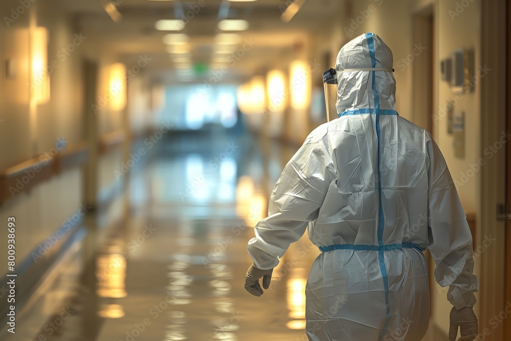 A hospital janitor wearing PPE while cleaning rooms used by virusinfected patients, strict hygiene measures A hospital janitor wearing PPE while cleaning rooms used by virusinfected patients, strict hygiene measures