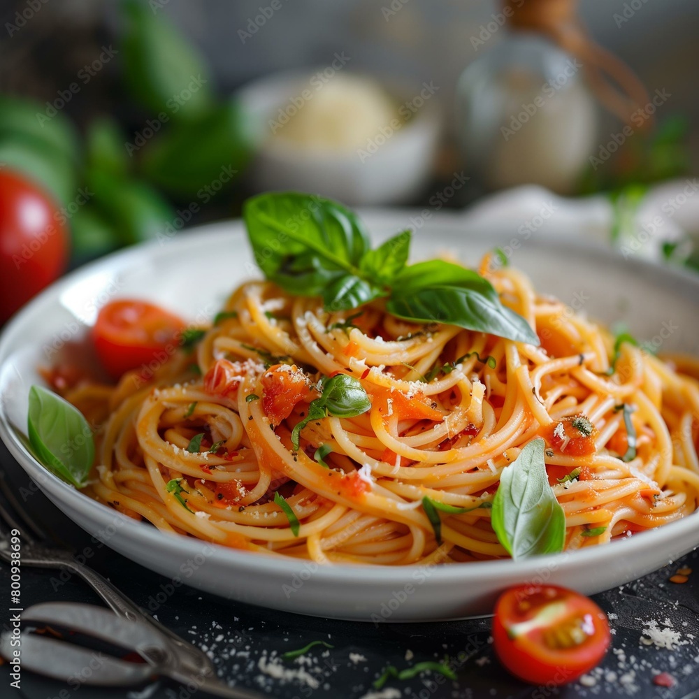 Fresh Spaghetti Pasta with Tomato Sauce and Basil on Dark Background Fresh Spaghetti Pasta with Tomato Sauce and Basil on Dark Background
