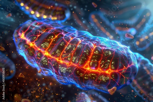 Cross-sectional illustration of a mitochondria,It has an internal structure that folds back and forth,biology, 3D background colorful eukaryote ,plant and animals cell create energy ATP, cell biology