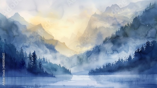 Serene watercolor landscape of a misty mountain morning, soft hues creating a soothing atmosphere perfect for a clinic setting
