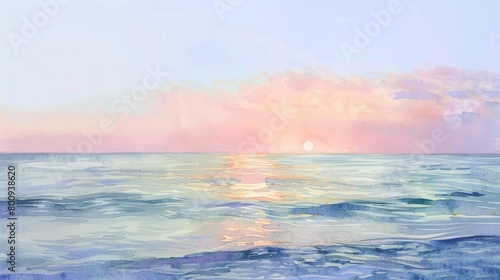 Serene watercolor of a calm sea at dawn  soft pastel sky reflecting on gentle waves  ideal for creating a soothing environment