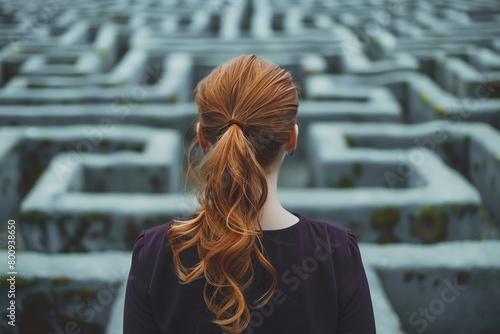 A professional woman in a maze finding a shortcut, denoting smart solutions and innovative problemsolving