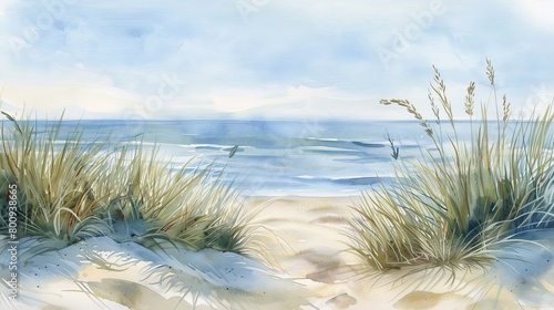 Serene watercolor of a coastal scene with dunes  beach grass swaying  and a peaceful expanse of sea stretching into the horizon