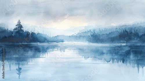 Serene watercolor of a gentle lake at dawn, soft pastel colors reflecting tranquility and peace, ideal for a healing environment