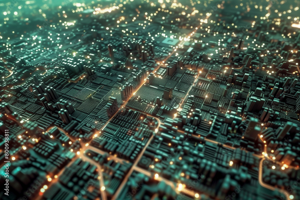 Aerial view of surreal night cityscape made by electronics circuit board with glowing light in concept technology, A.I., AI, digital.