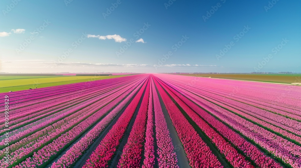 Obraz premium A field of pink flowers with a blue sky in the background
