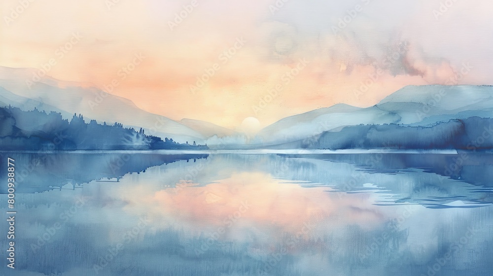 Serene watercolor of a gentle sunrise over the ocean, soft pastel skies merging with the calm sea, ideal for a calming clinic environment