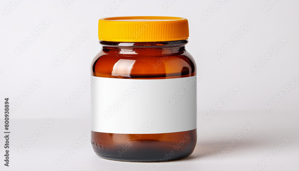 Amber Glass Jar with Blank Label on White Background for Packaging Design - Mockup Amber Glass Jar with Blank Label on White Background for Packaging Design - Mockup