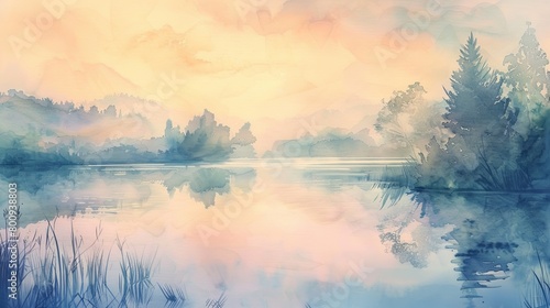 Serene watercolor of a gentle lake at dawn, soft pastel colors reflecting tranquility and peace, ideal for a healing environment