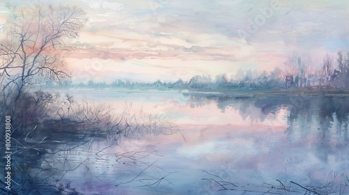 Serene watercolor of a gentle lake at dawn, soft pastel colors reflecting tranquility and peace, ideal for a healing environment © Alpha