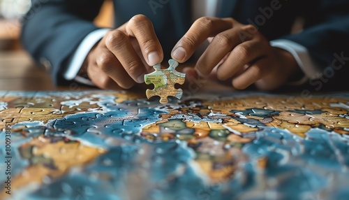 A business professional assembling a 3D puzzle of the world, global business strategy