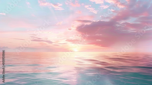 Serene watercolor of a gentle sunrise over the ocean, soft pastel skies merging with the calm sea, ideal for a calming clinic environment © Alpha