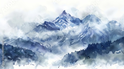 Serene watercolor painting of a mist-covered mountain peak, gentle brush strokes conveying peace and quiet, ideal for a healing environment