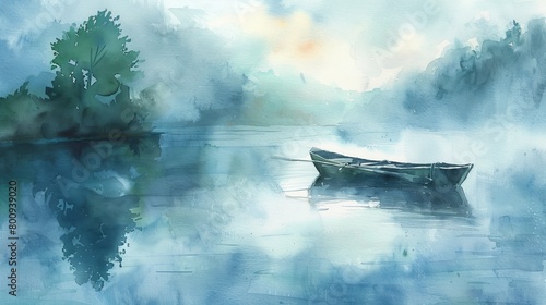 Serene watercolor painting of a small boat on a calm river  enveloped by mist  creating a soft and peaceful visual experience