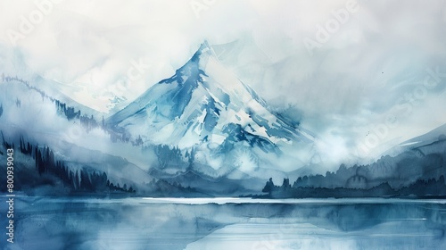 Serene watercolor painting of a mist-covered mountain peak, gentle brush strokes conveying peace and quiet, ideal for a healing environment