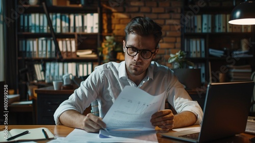 Diligent male financial expert performs accounting and auditing tasks using a computer and paperwork in an office.