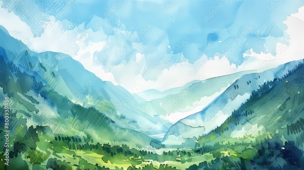 Peaceful watercolor of a valley under a clear blue sky, the simplicity and clarity of the scene conveying tranquility and a sense of escape