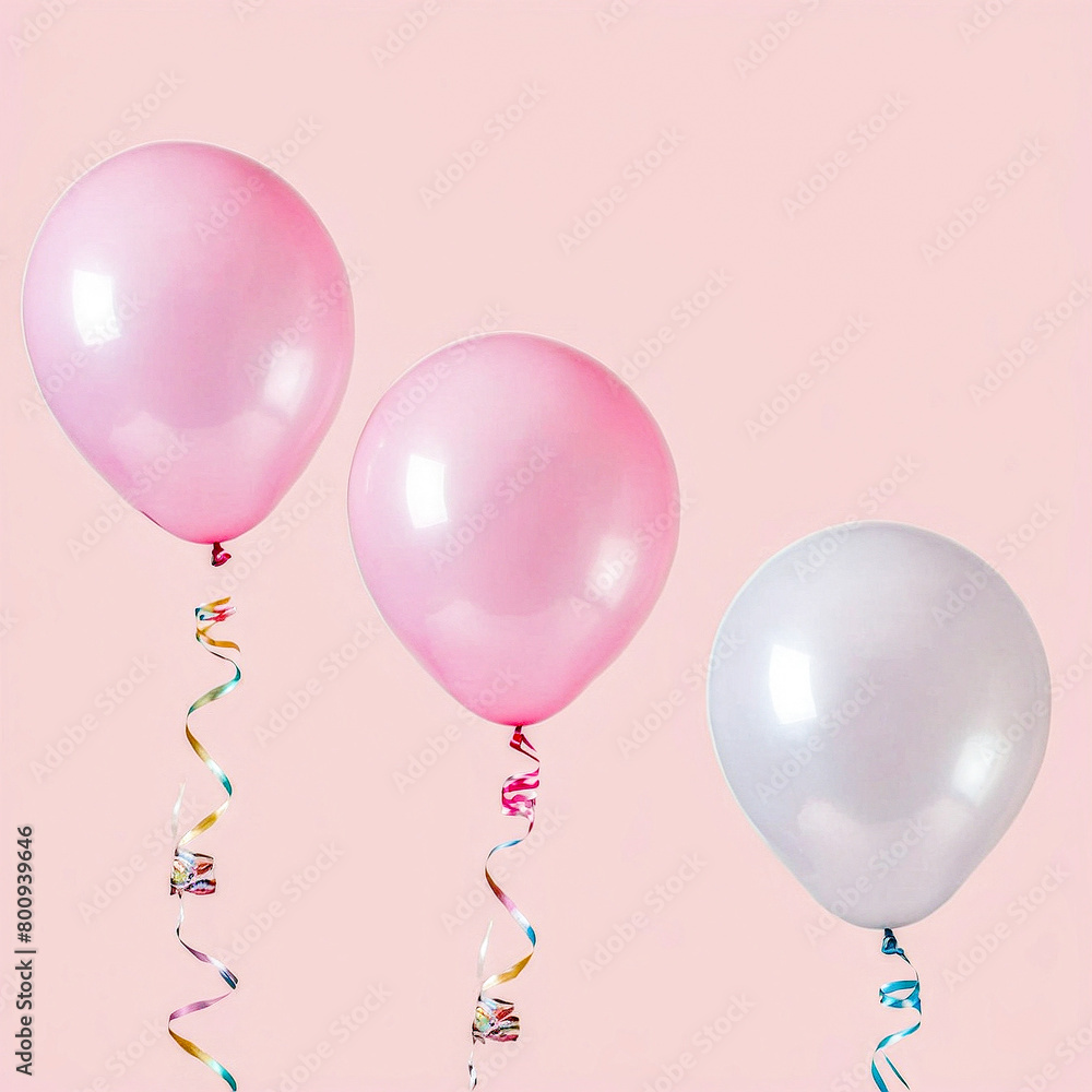 3 balloons each held by a single hand on a pink background