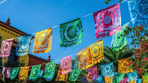 Colorful festive pennant garlands used in Mexican celebrations.