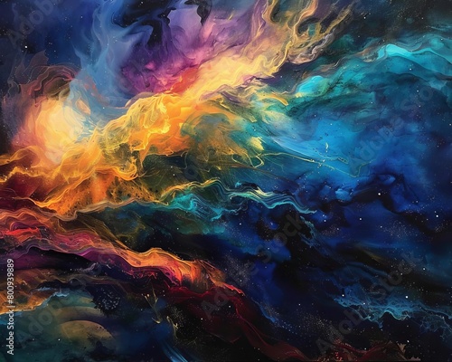 An abstract painting of a nebula, full of vibrant colors and swirling shapes. The nebula is set against a deep blue background, and is surrounded by a sea of stars.