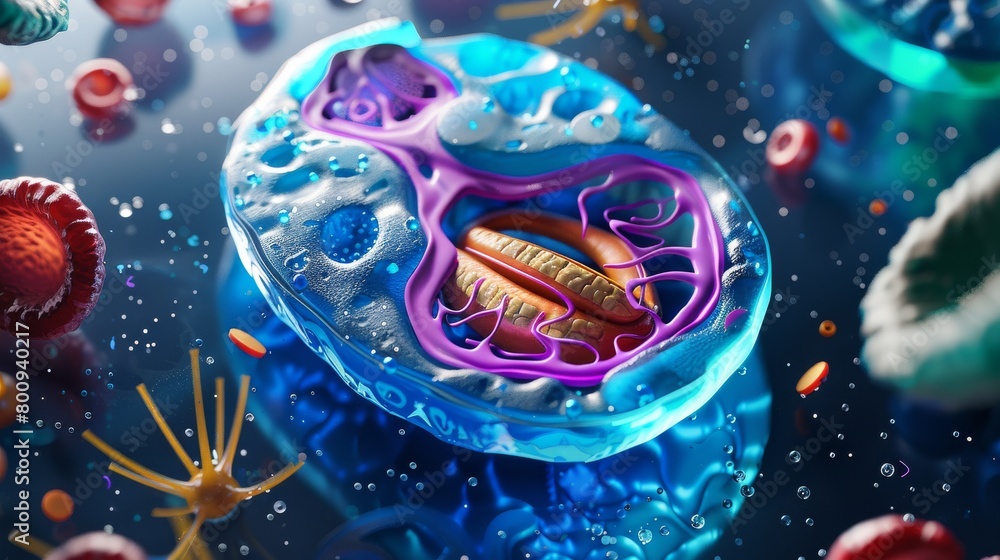 Crosssectional of eukaryote ,plant and animals cell colorful ,cell wall, and Chloroplast,endoplasmic reticulum, ribosome, cell structure, mitochondria nucleus cell biology organelle 3D background