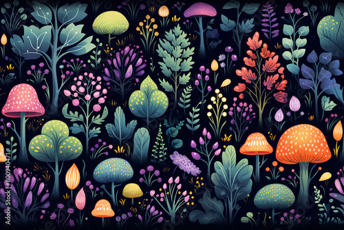 Enchanted garden creatures, repeating vector background, for playful stationery , flat graphic