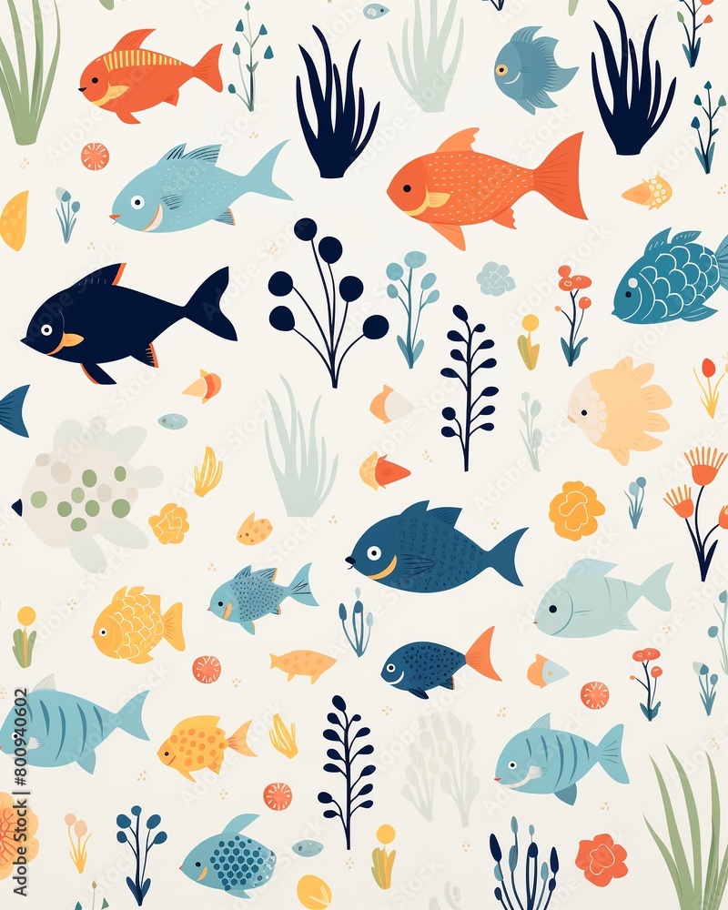 Playful ocean life, flat design vector, repeating for aquaticthemed stationery , simple lines drawing