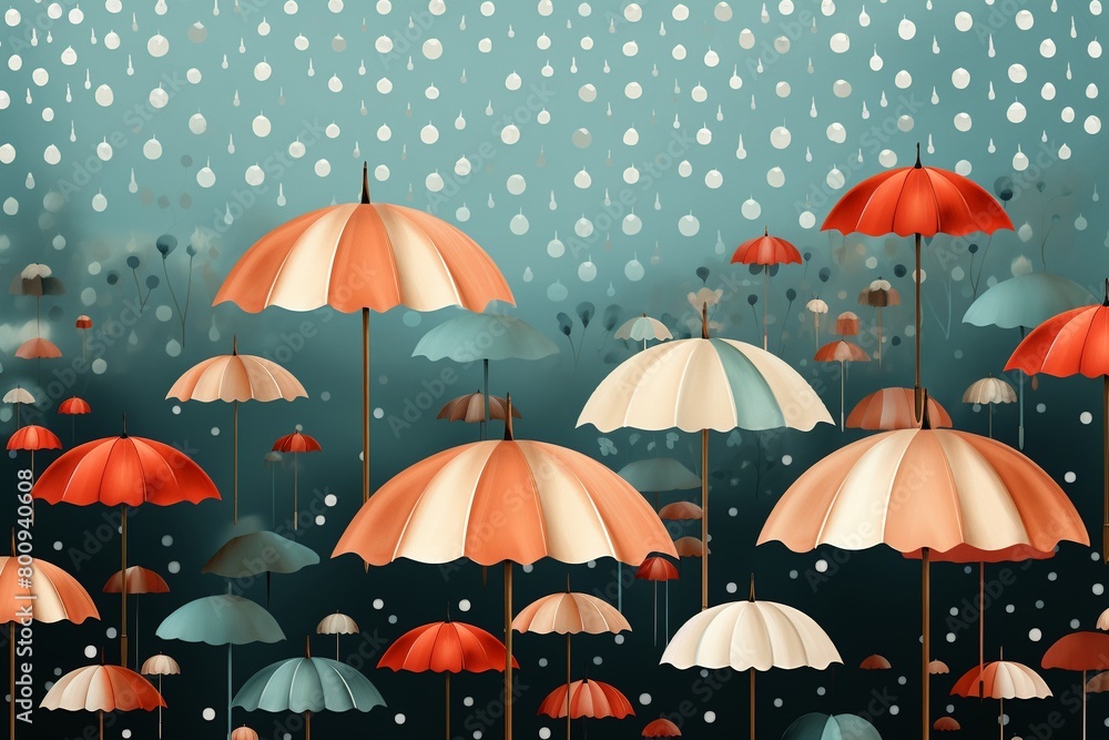 Playful umbrellas with rain clouds, highres pattern, charming textile design , simple lines drawing