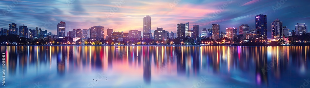 Fototapeta premium City skyline at dusk reflecting off the river, with lights blurring into a symphony of color on the water surface