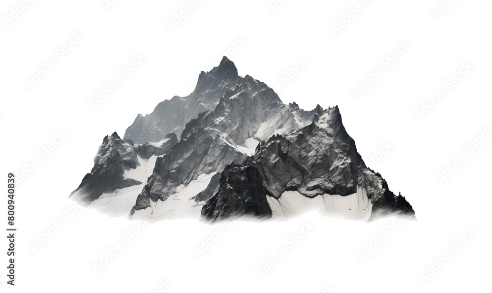 Majestic snow-capped mountain peak rising with rugged slopes against a transparent isolated background. Generative AI