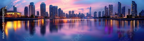 City skyline at dusk reflecting off the river  with lights blurring into a symphony of color on the water surface