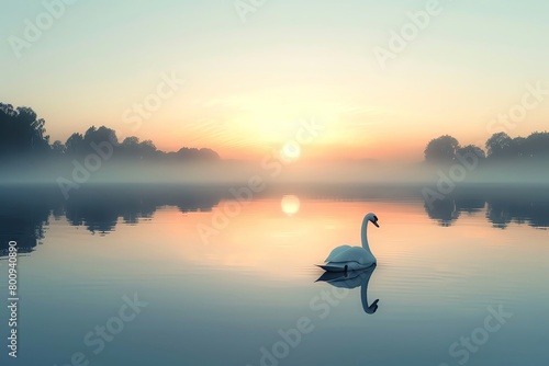 Serene lake at sunrise with a perfect reflection of a lone swan gliding across the still water photo