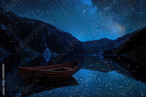 Night sky full of stars reflected in a mountain lake, with a small wooden boat floating quietly
