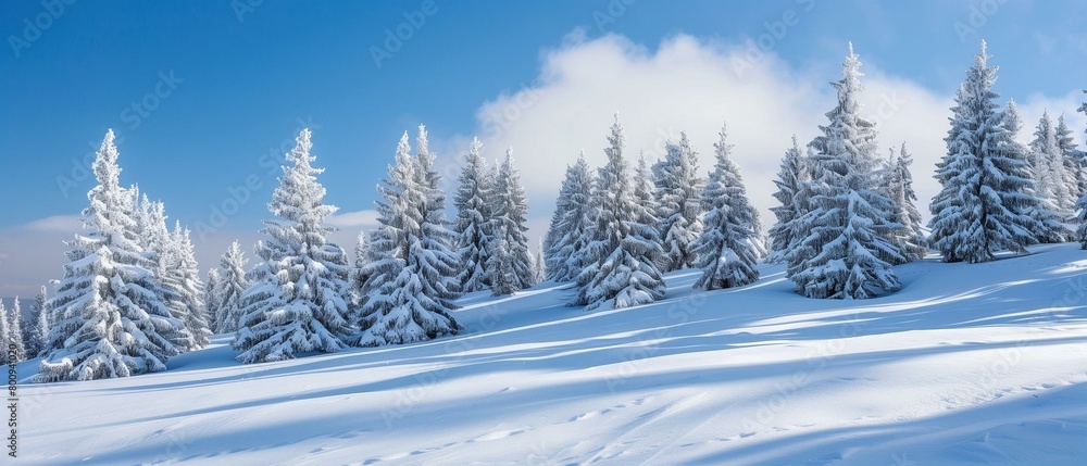 Naklejka premium Serene Winter Landscape with Snow-Covered Pine Trees and Blue Sky