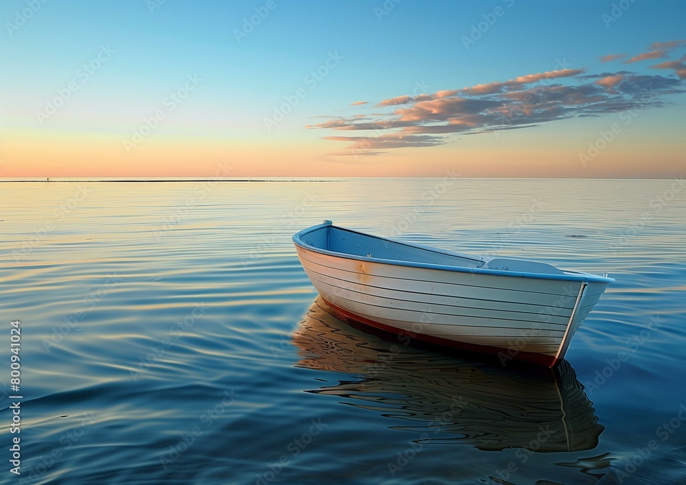 Naklejka premium Serene Sunset Seascape with Lonely Boat on Calm Ocean Waters