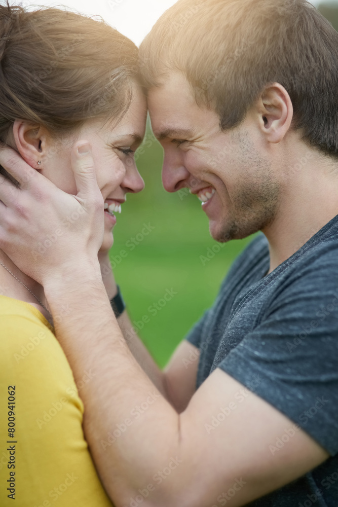 Fototapeta premium Love, happy and couple in nature outdoor for countryside vacation, getaway or holiday together. Romance, hug and young man and woman on date for bonding on weekend trip in Australia for travel.