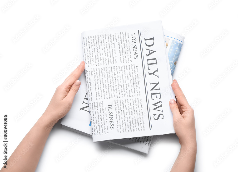 Obraz premium Female hands with different newspapers on white background