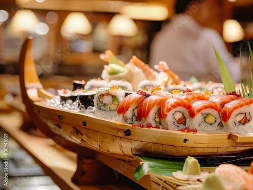 Sushi Roll Rolls Boat Sashimi Nigiri Japanese Dinner Close-Up Food Dining Blurred Background Image