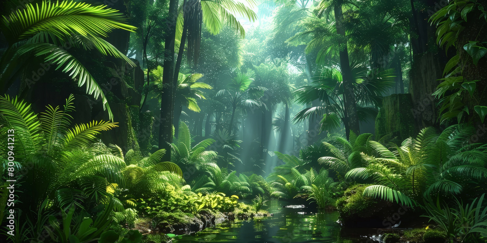 green tropical jungle forest  with ferns and giant trees,  mystery and adventure.nature background