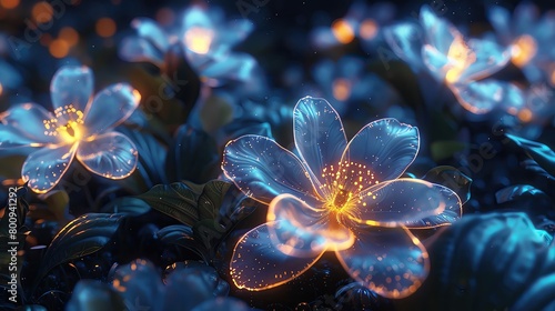 Close up of glowing dark digital flowers, blossoming in a night themed virtual garden