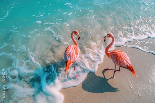 pink flamingo on pink sandy beach and soft blue ocean wave summer concept background