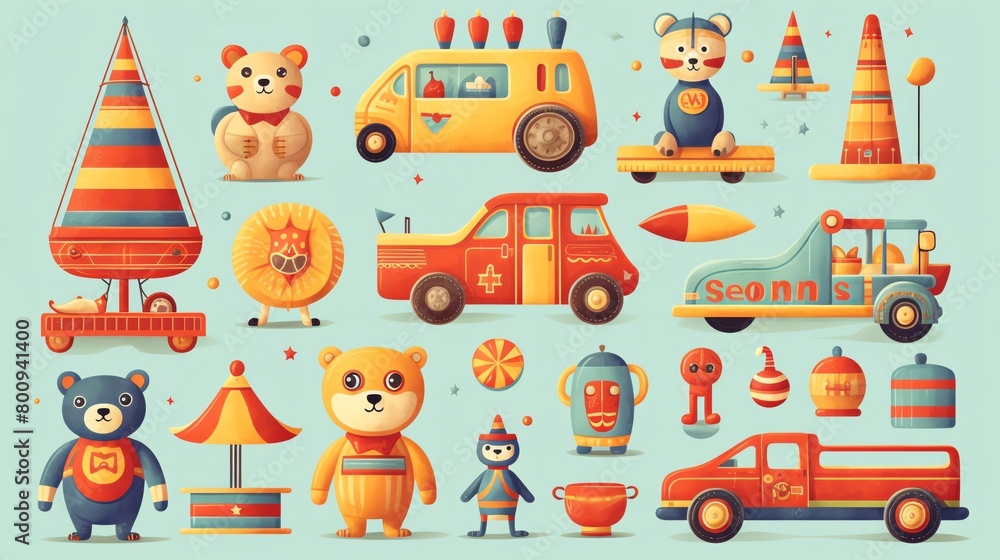 Colorful 2D illustration of a vintage toy set on a bright background ideal for childrens books and educational materials